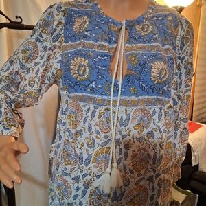 Lucky Brand Floral Tunic Blouse - Blue and Cream